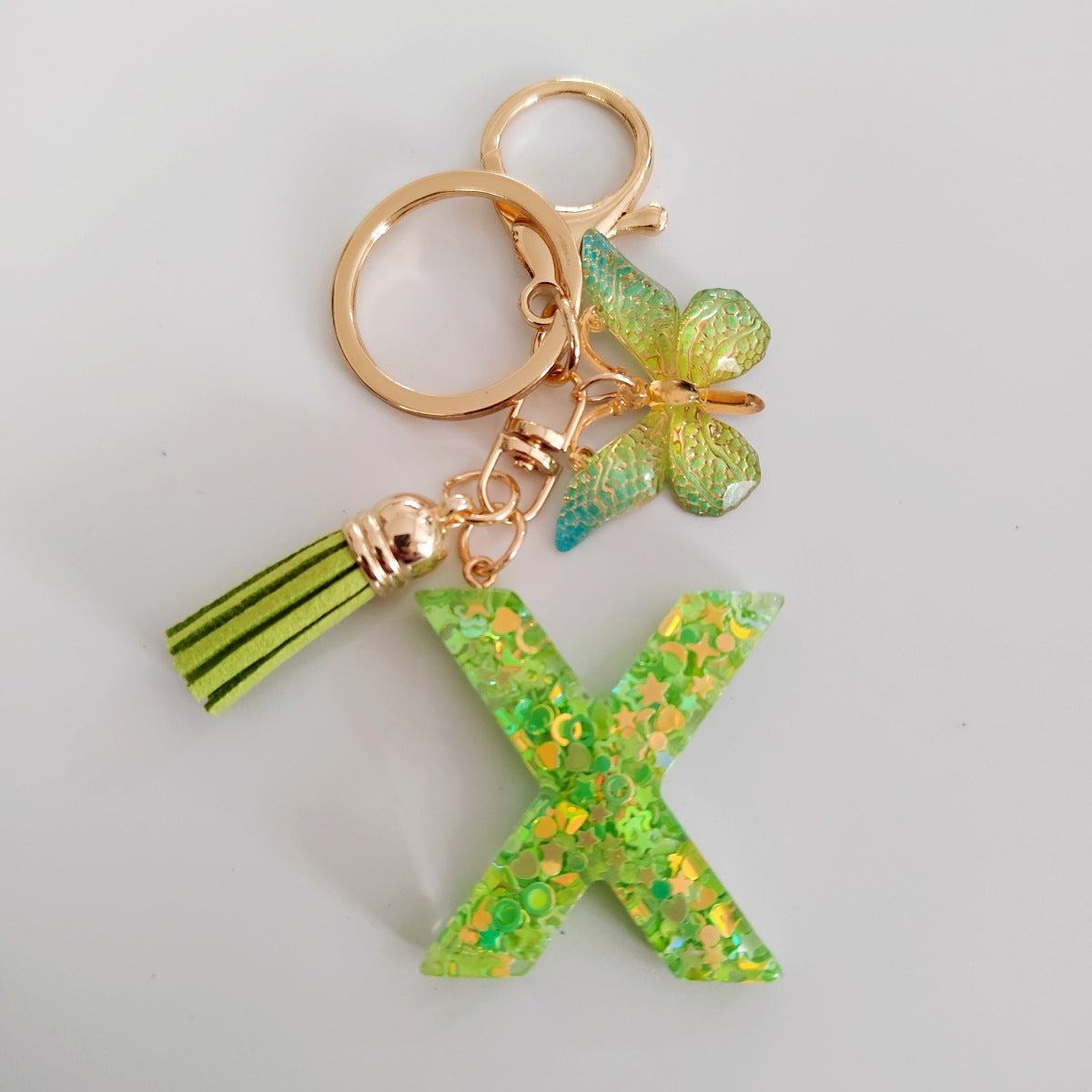 Wholesale 26 English Alphabet Keychain Pendant Green Star Glitter Resin Pendant  Key Chain